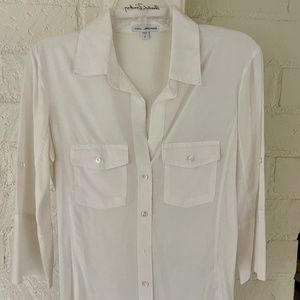 James Perse Three-Quarter Sleeves Button Up Top | Surplus Shirting | WHITE